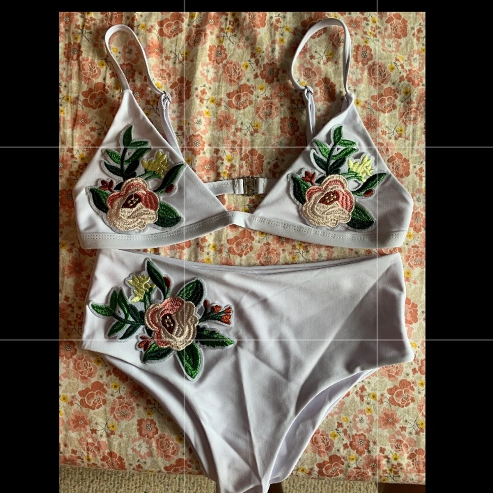 white flower high waisted bathing suit